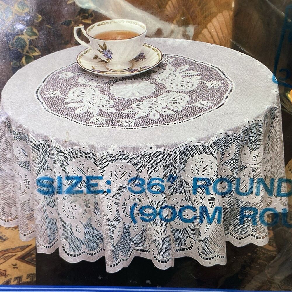Vintage White Lace Round Tablecloth 36” Floral Vinyl Plastic Cottagecore Party - Picture 6 of 7